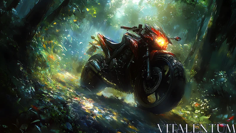 Sport motorcycle on forest path under diffuse light.