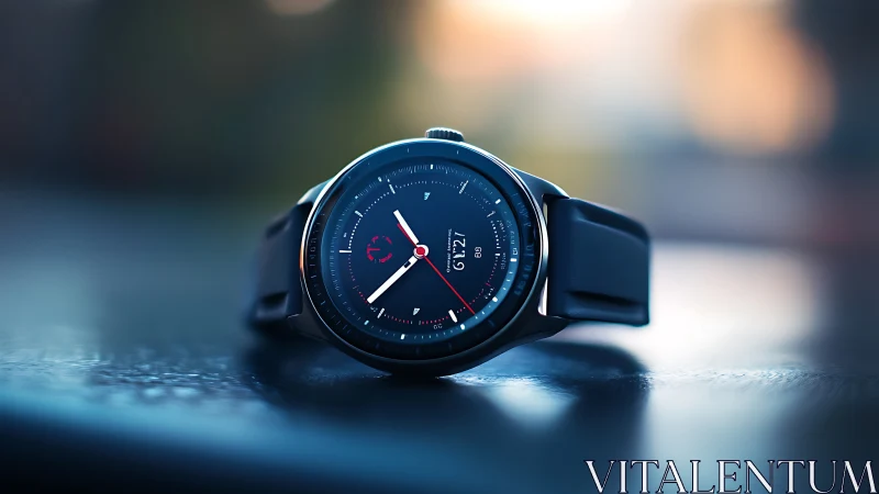Smartwatch on reflective surface shows minimalist AMOLED dial design