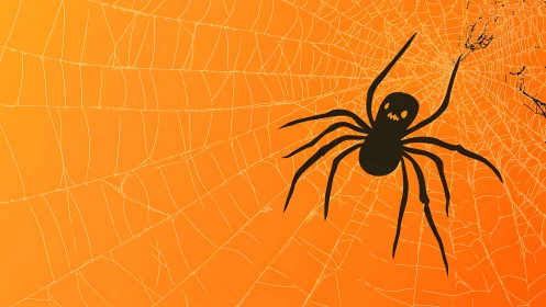 Graphic Halloween spider silhouette on radial orange web field.