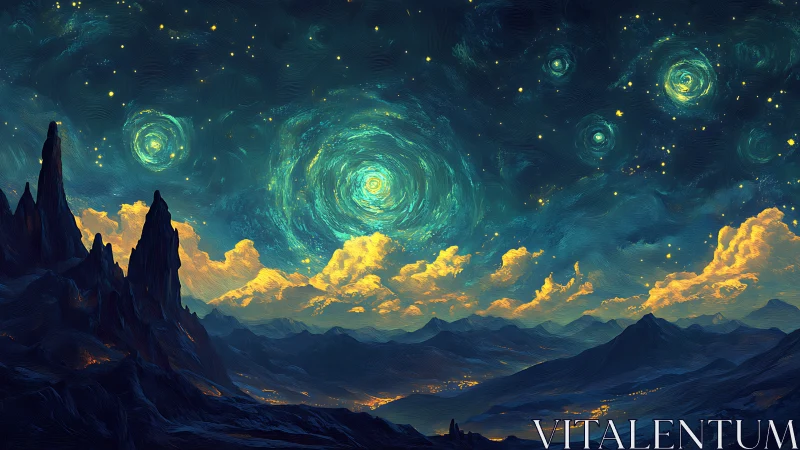 Swirling nebula nightscape illuminates stylized alpine silhouettes