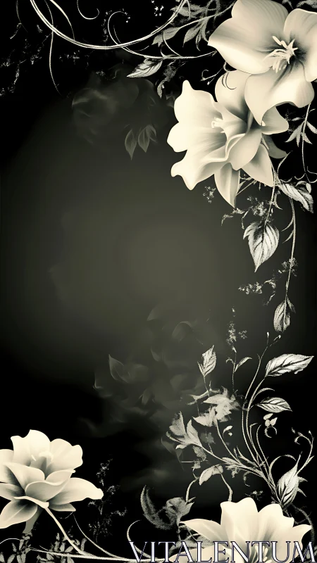 White Flowers on Black Background with Botanical Line Details