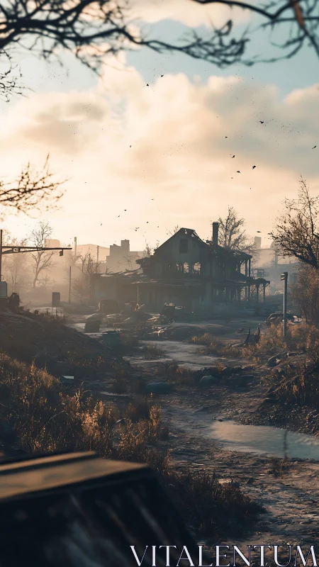 Derelict farmhouse stands in misty post‑apocalyptic dawn.