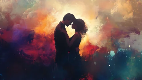 Silhouetted Couple Embracing Through Vibrant Color Explosion.