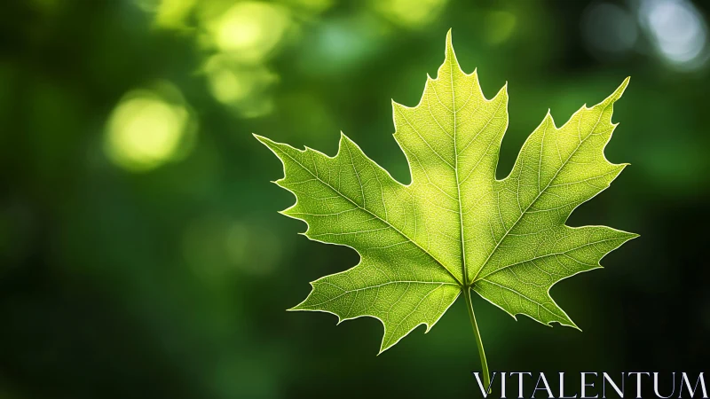 Backlit maple leaf reveals intricate venation against bokeh field