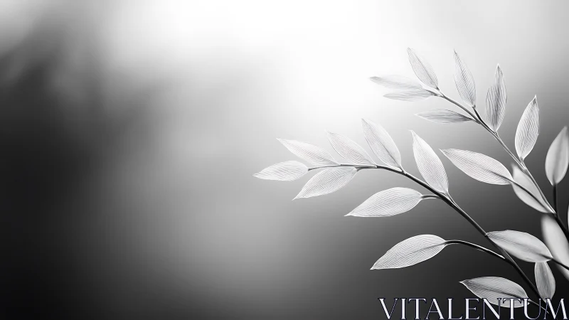 Minimalist black and white botanical branch against soft gradient background.