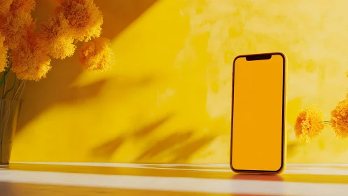 Modern smartphone with yellow screen beside flowers in bright sunlight.