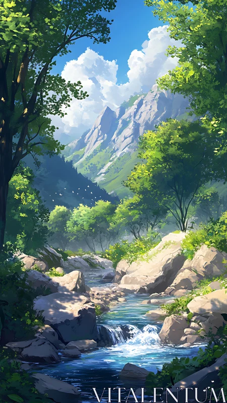 Mountain stream cuts through sunlit forest and bright cliffs.