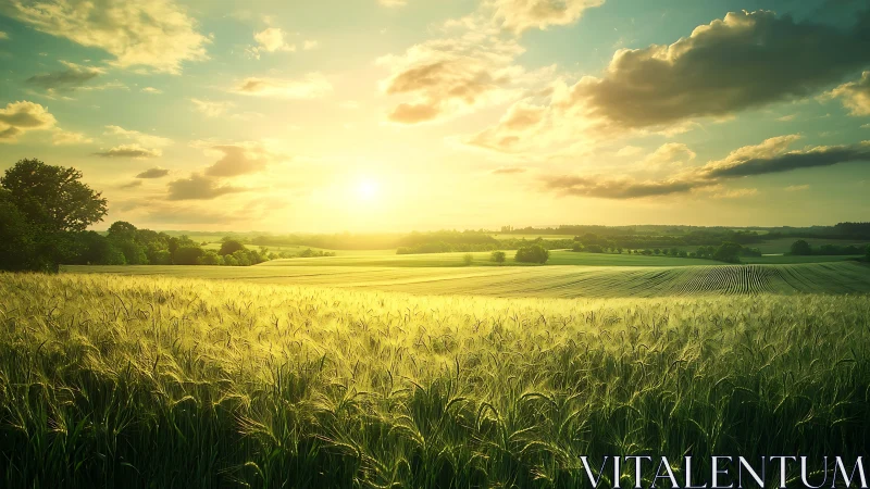 Sunlit wheat field stretches across rolling farmland