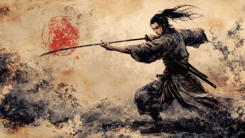 Samurai swordsman in dynamic combat stance on textured field.