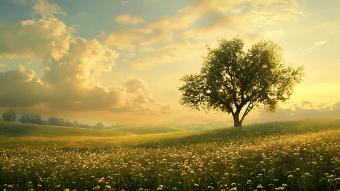 Lone tree on sunlit meadow under glowing evening clouds.
