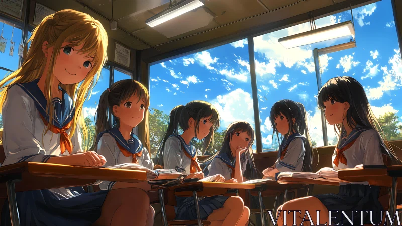 Sunlit classroom circle of friends in soft anime style.