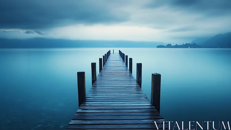 Wooden pier extending into calm blue lake at dusk.