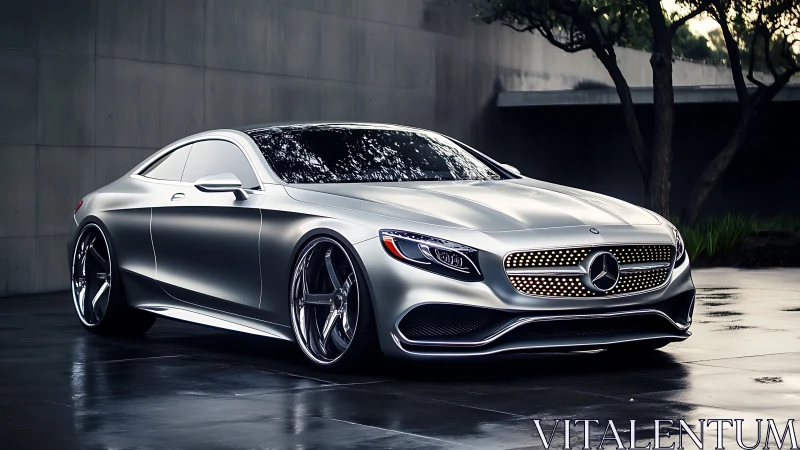 Silver luxury coupe under soft overcast exterior lighting.