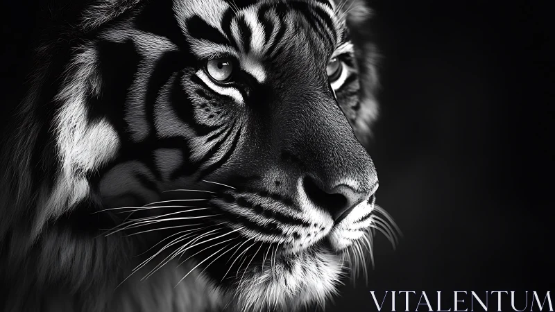 Tiger portrait in dramatic monochrome light and shadow.