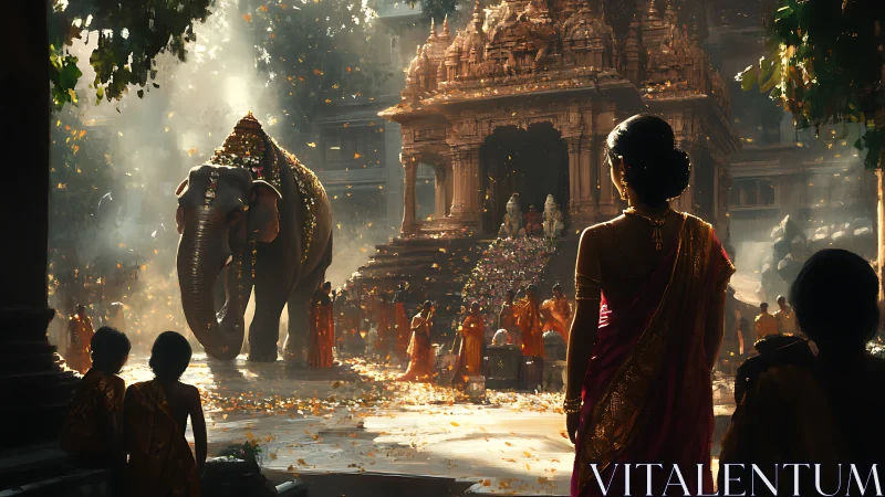 Temple procession moves past ornate shrine with adorned elephant