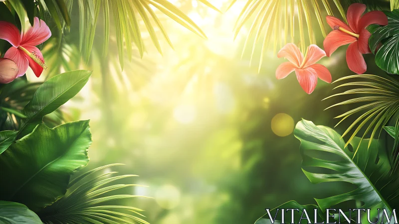 Tropical jungle foliage with sunlit hibiscus border frame.