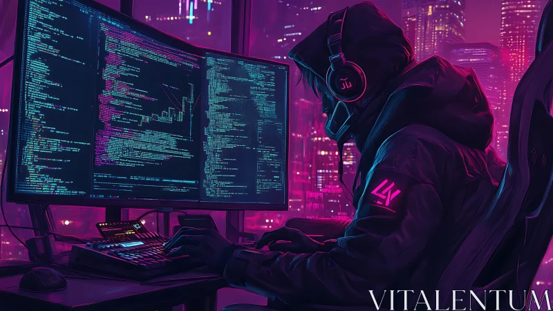 Midnight coder in neon city glow, quietly breaking limits.