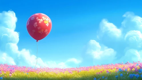 Red Balloon Over Flower Field Against Sky.