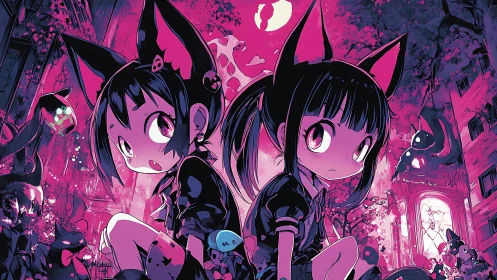 Cat-eared girls in neon haunted cityscape at night.
