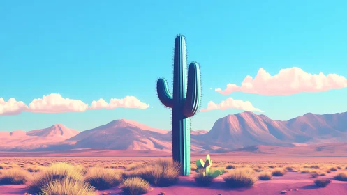 Sunlit stylized cactus in pastel-toned desert landscape.