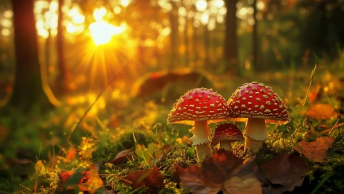 Red toadstools stand in sharp focus against glowing forest sunset