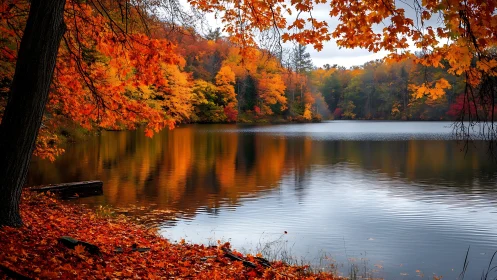 Autumnal riparian canopy with specular foliage reflections on lake.