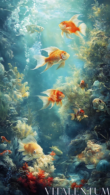 Multiple goldfish and reef fish occupy a detailed seabed scene.
