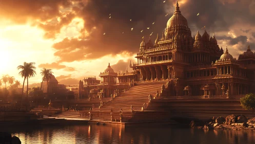 Sunlit temple complex rises over reflective riverside steps