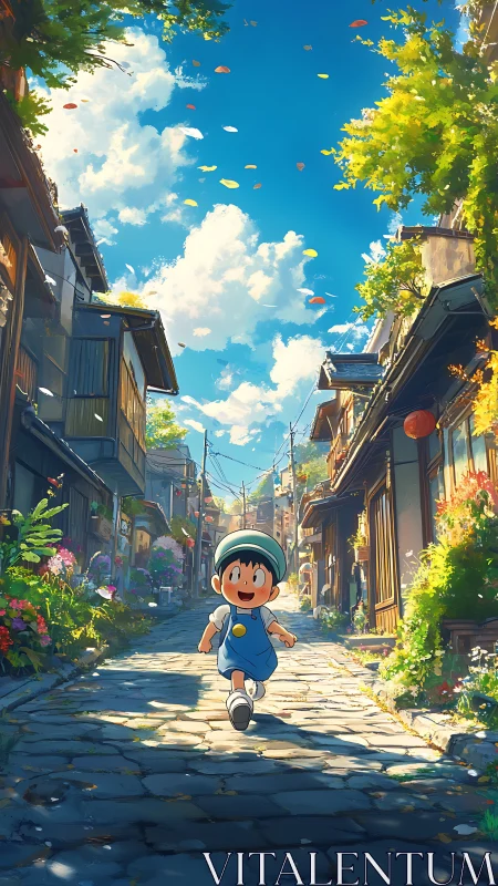 Smiling child runs along sunlit stone lane under vivid sky