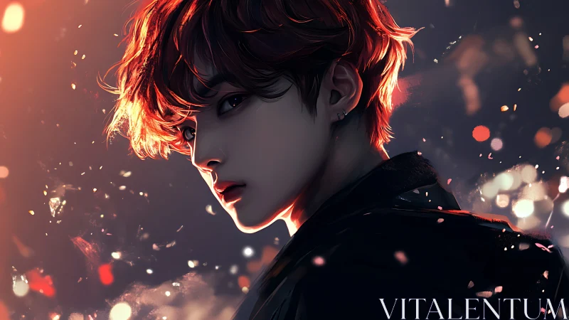 Backlit red-haired youth in ethereal bokeh glow portrait.