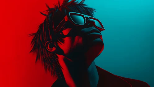 Stylized portrait of man with glasses in red blue light.