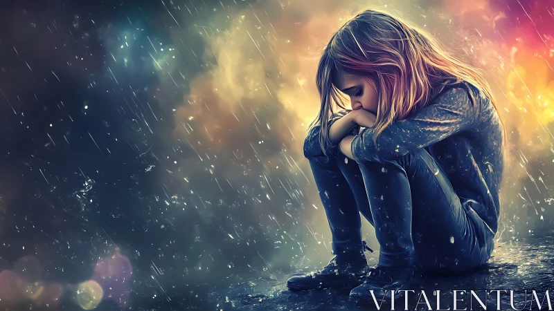 Lonely girl curls into herself under glowing stormy rain