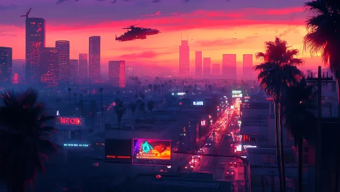 Neon sunset over futuristic palm-lined city street.