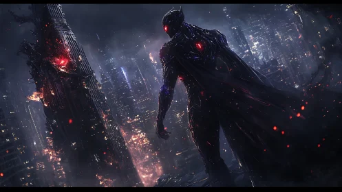 Midnight guardian overlooking embers of a neon cityscape.