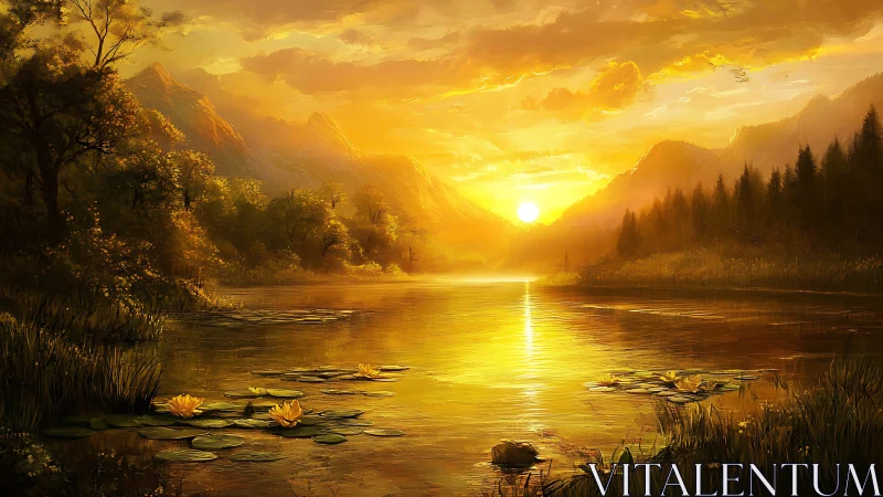 Golden sunset over calm mountain lake with lilies glowing.