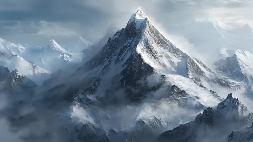 Snowbound mountain peak above clouded glacier valley.