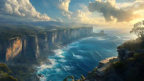 Sunlit ocean cliffs with sweeping turquoise waves. Period.