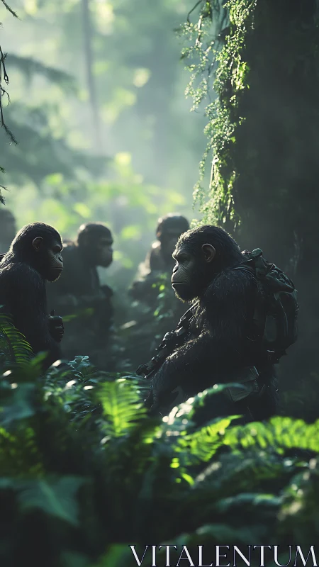 Armored chimpanzee squad advances through misty jungle corridor