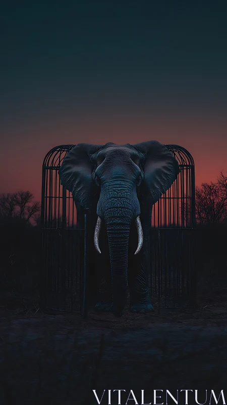 Twilight elephant stepping from a shadowed cage at dusk.