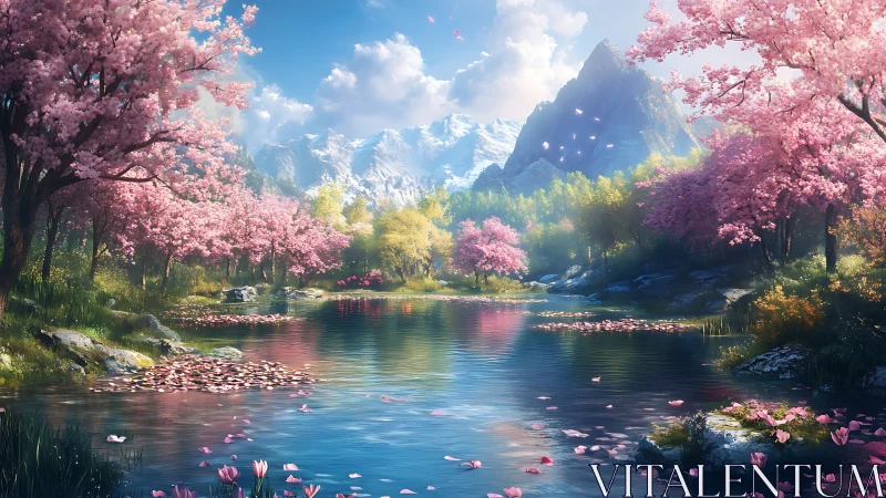 Blossoming lakeside valley rests beneath snowy mountain peaks.