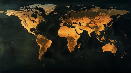 Golden topographic world map rendered with luminous relief