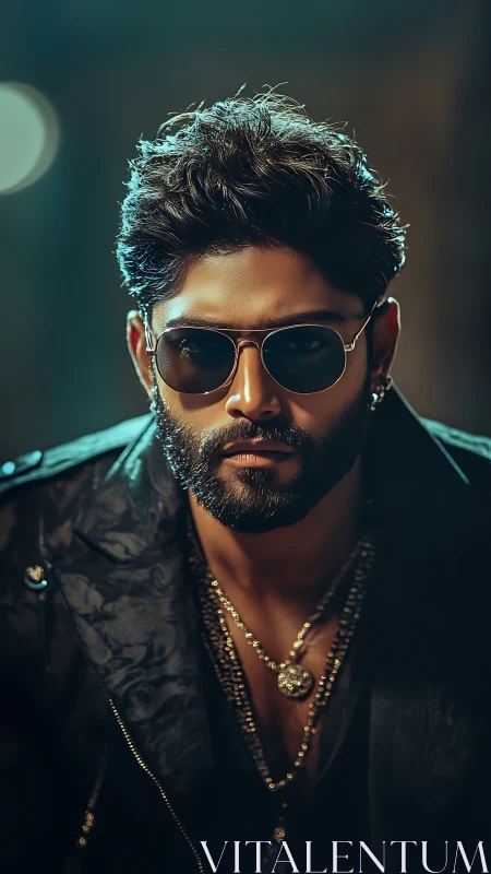 Male subject wears sunglasses and layered jewelry in low light