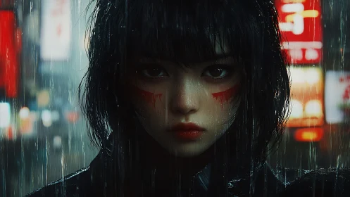 Portrait of dark haired figure in neon lit urban rain scene.