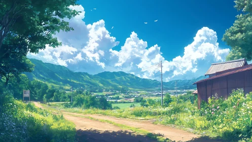 Summer countryside road under bright cumulus sky.