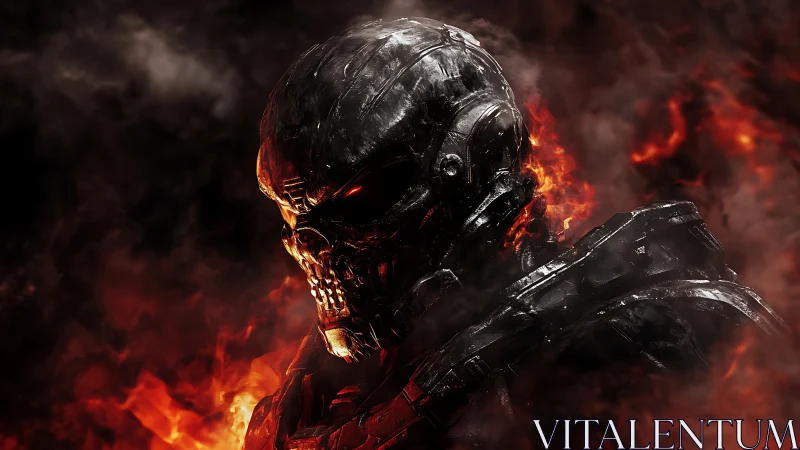Armored skull warrior emerges from burning smoke and flame