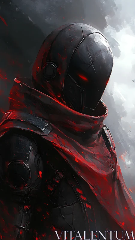Armored sci fi assassin stands in red scarf against storm