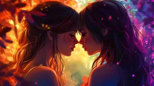 Two figures in intimate profile with luminescent auras and volumetric lighting