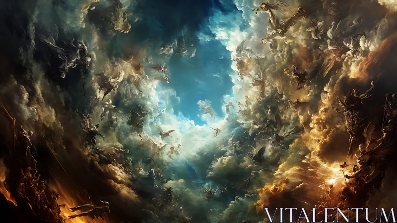Heavenly battle swirling through storm-split celestial sky.