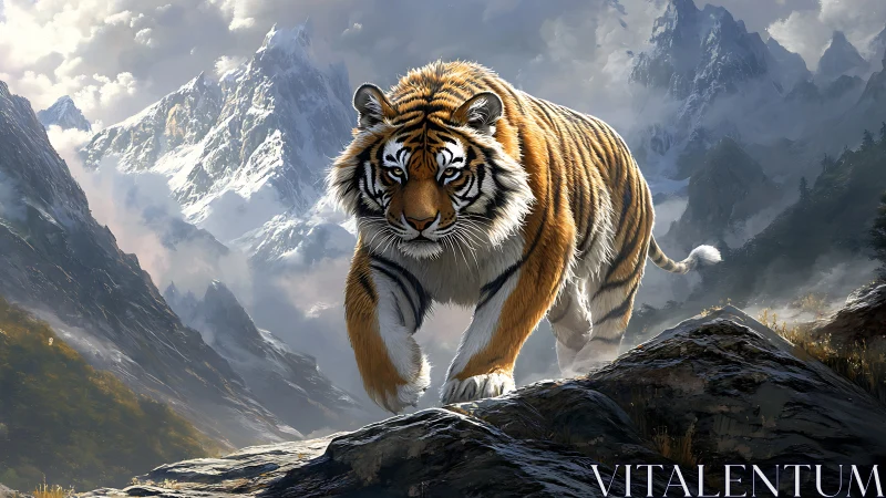 Majestic tiger stalks rocky ridge beneath snowbound peaks