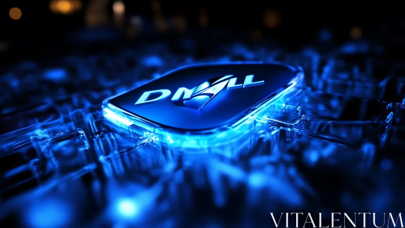 Glowing tech emblem rests in a vivid blue digital grid